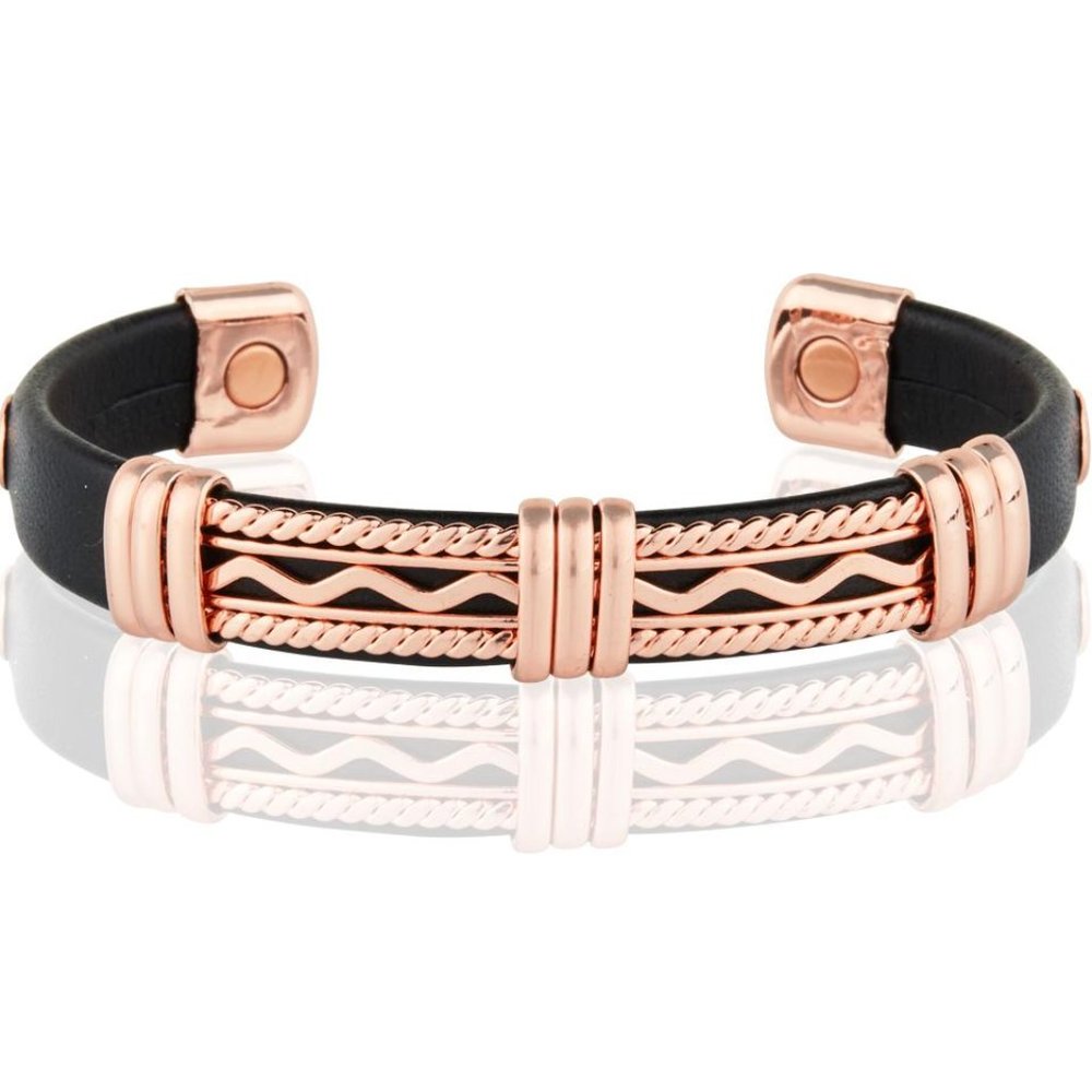 Solid Copper Leather wrapped Magnetic Bracelet Wave Design Cuff Bangle
